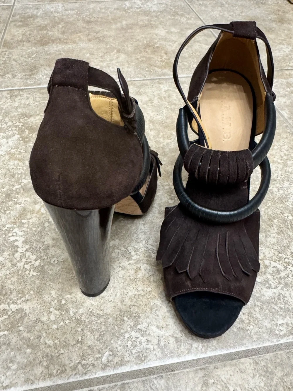 L.A.M.B. Black Brown Suede Fringe Platform Heel Sandals